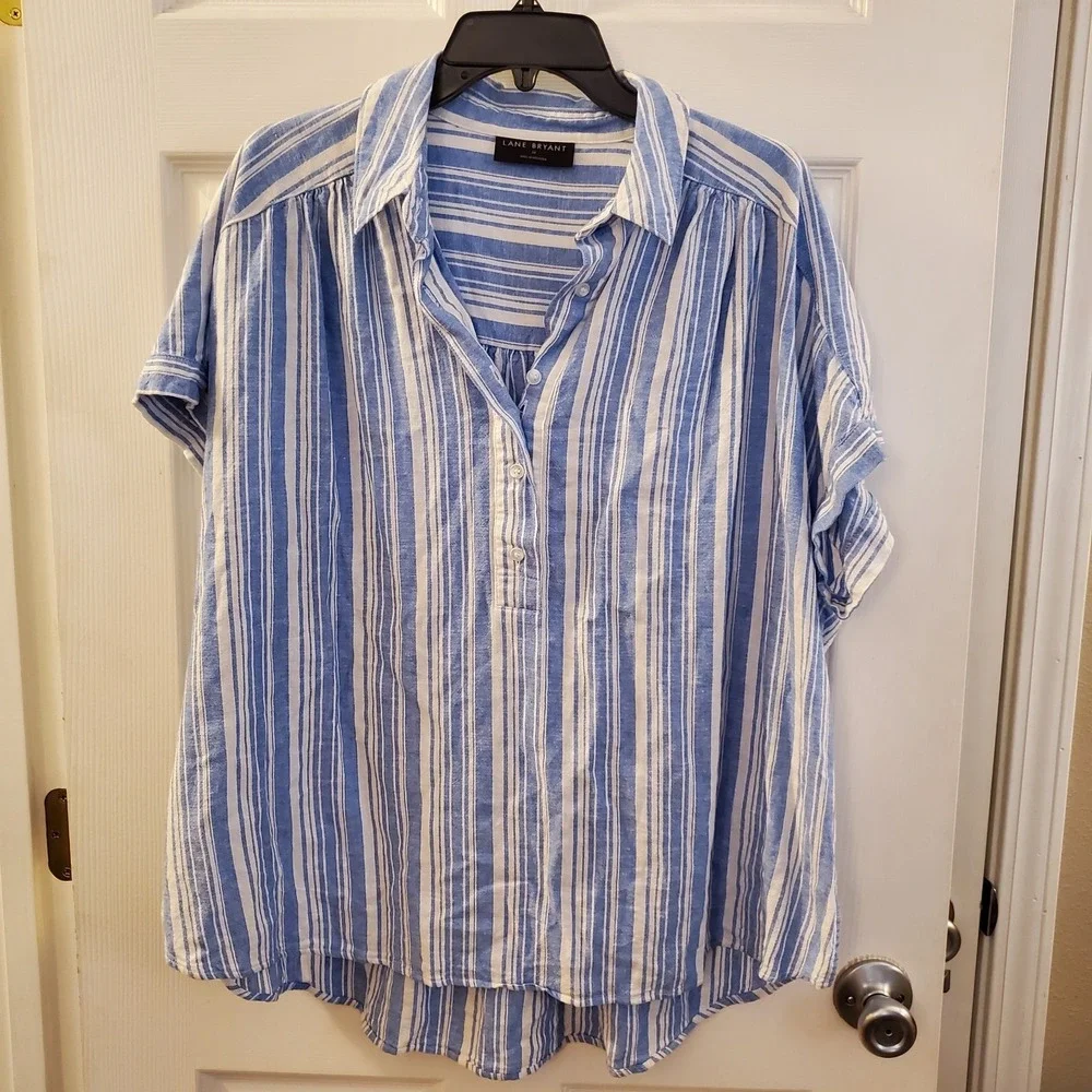 Lane‎ Bryant sz 16 Linen blend Popover Top short slv stripes beach resort summer